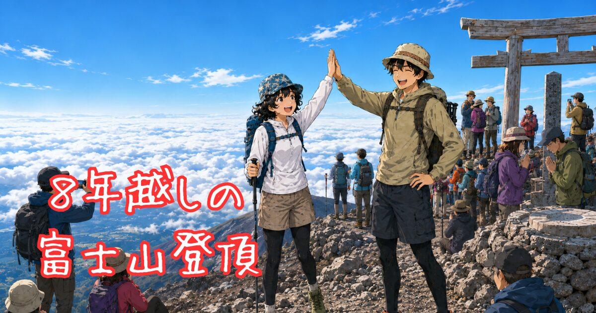富士山頂付近でハイタッチする男女のイラスト