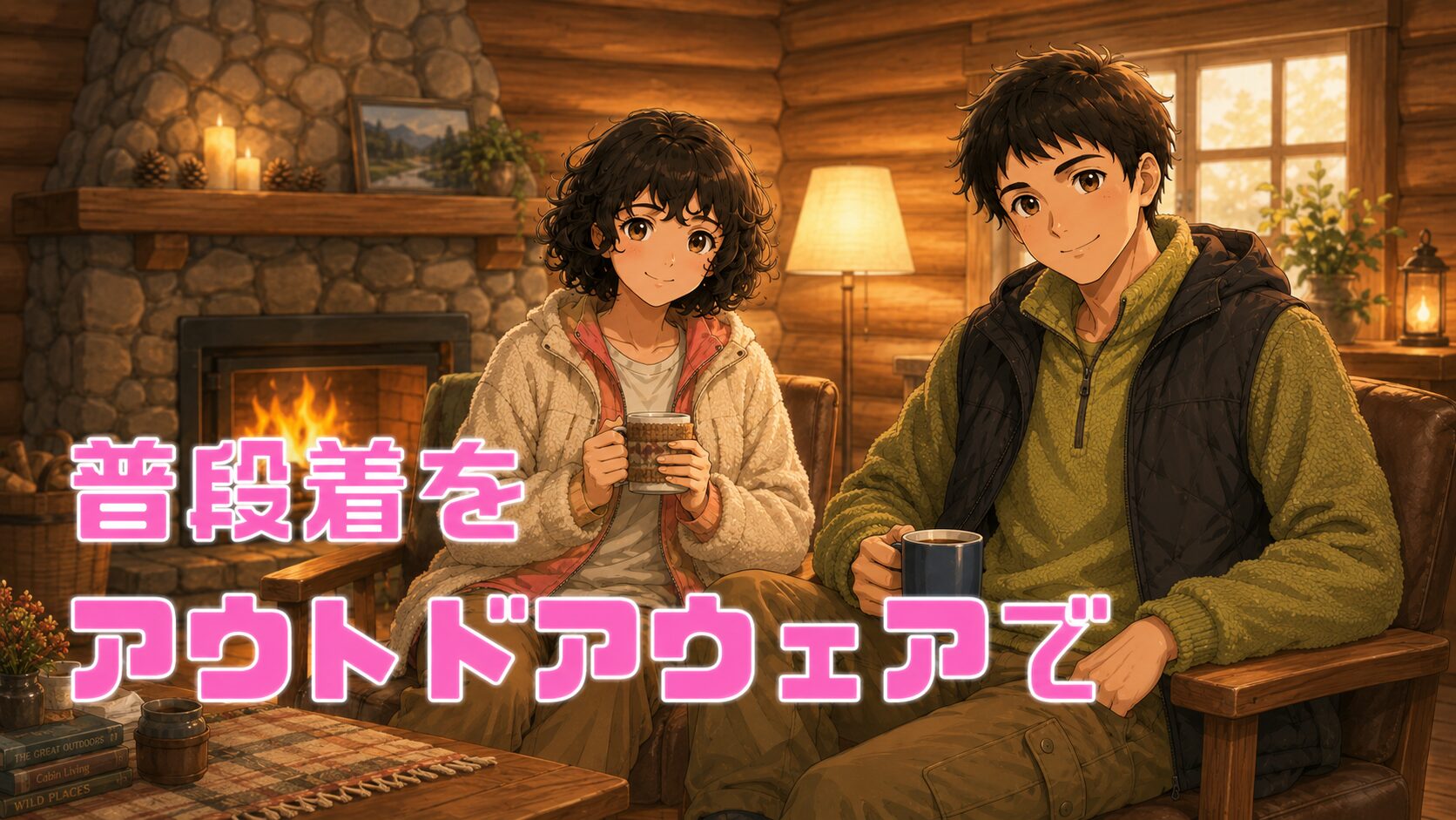 アウトドアウェアを普段着に活用して快適にリラックスして過ごす二人のイラスト。