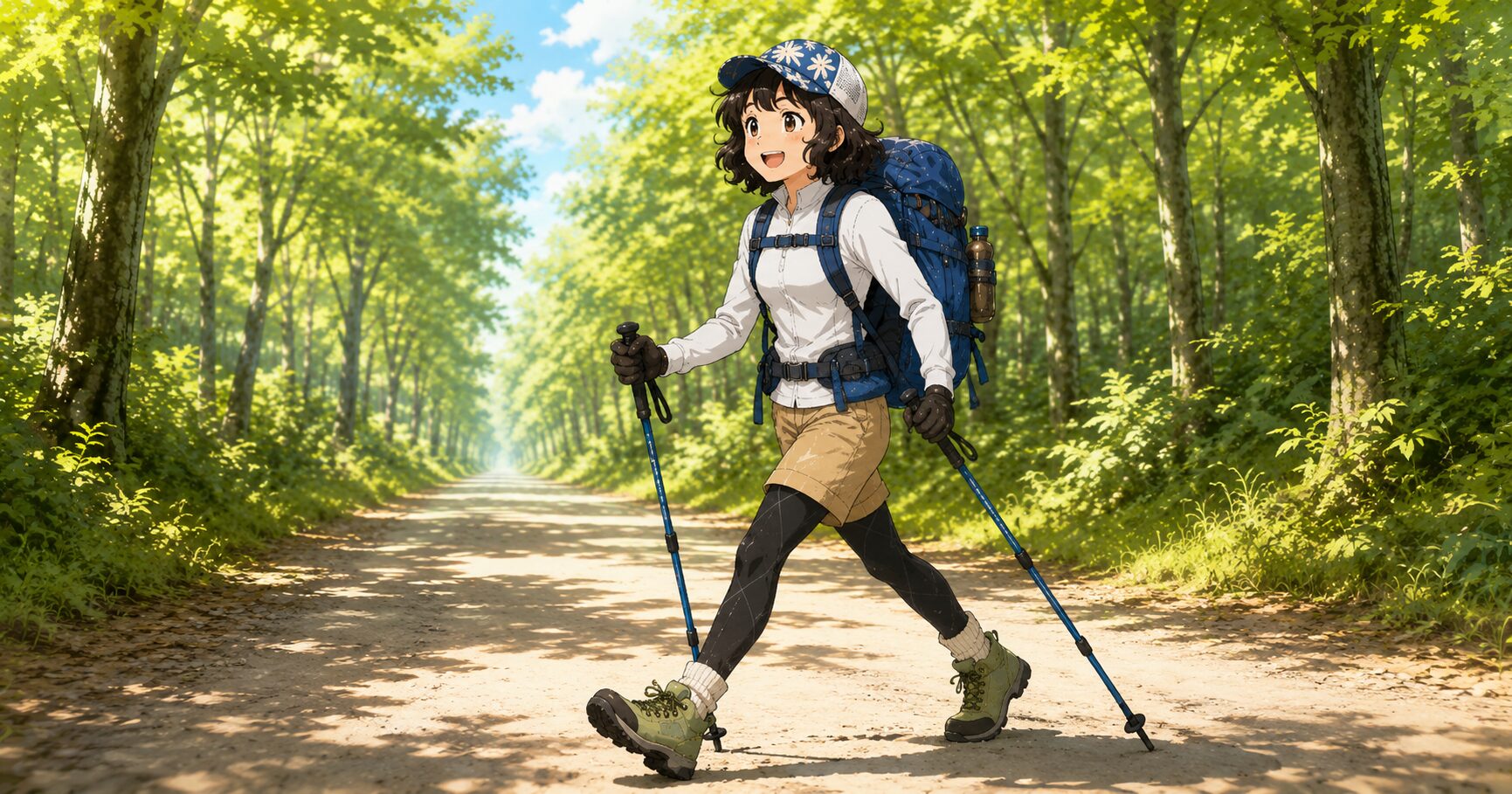 平坦な道をポールの推進力を活用してすいすい歩いている女性
