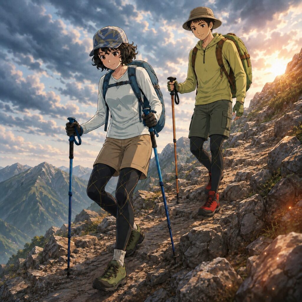 ポールを活用して軽快に山を下る二人のイラスト