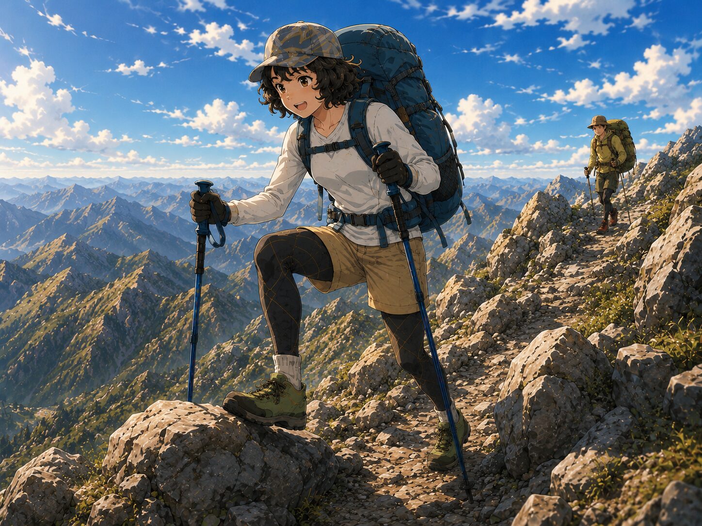 大きな障害物をポールでバランスを取りながら歩く女性のイラスト