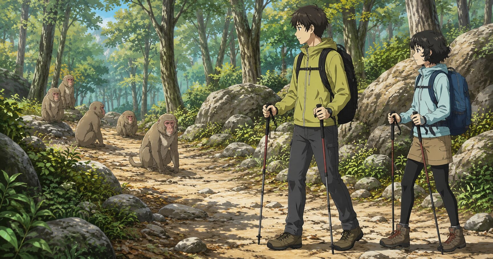 登山道のサルと距離をとる様子