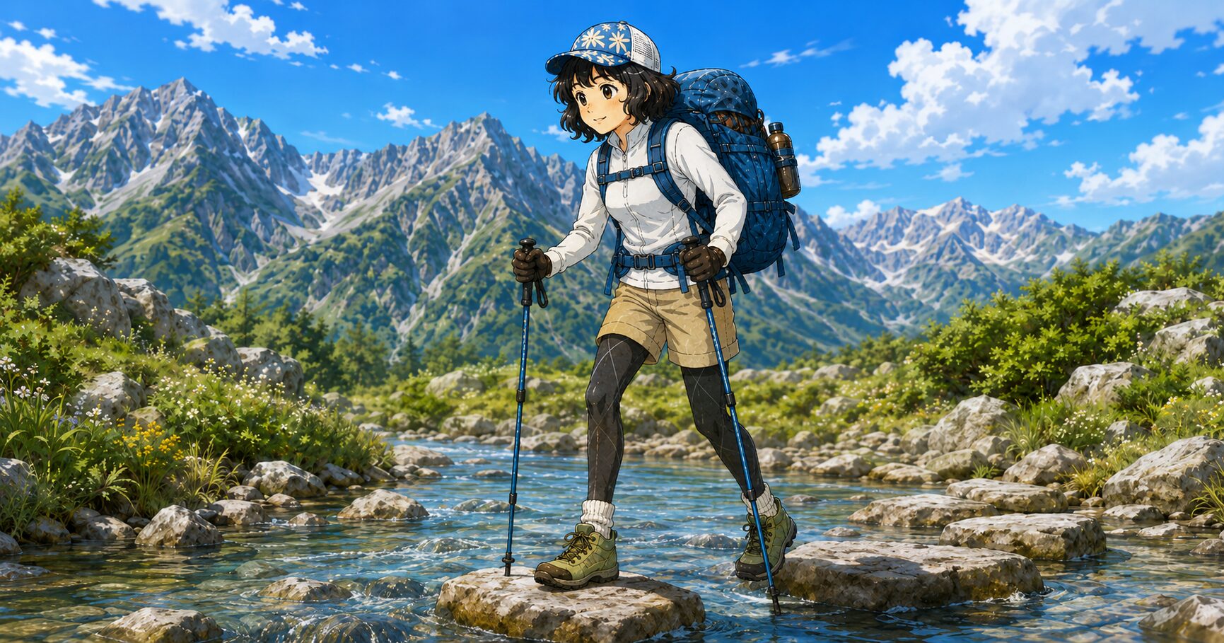 ポールに体重をかけすぎず水場をバランスを取りながら進む女性のイラスト