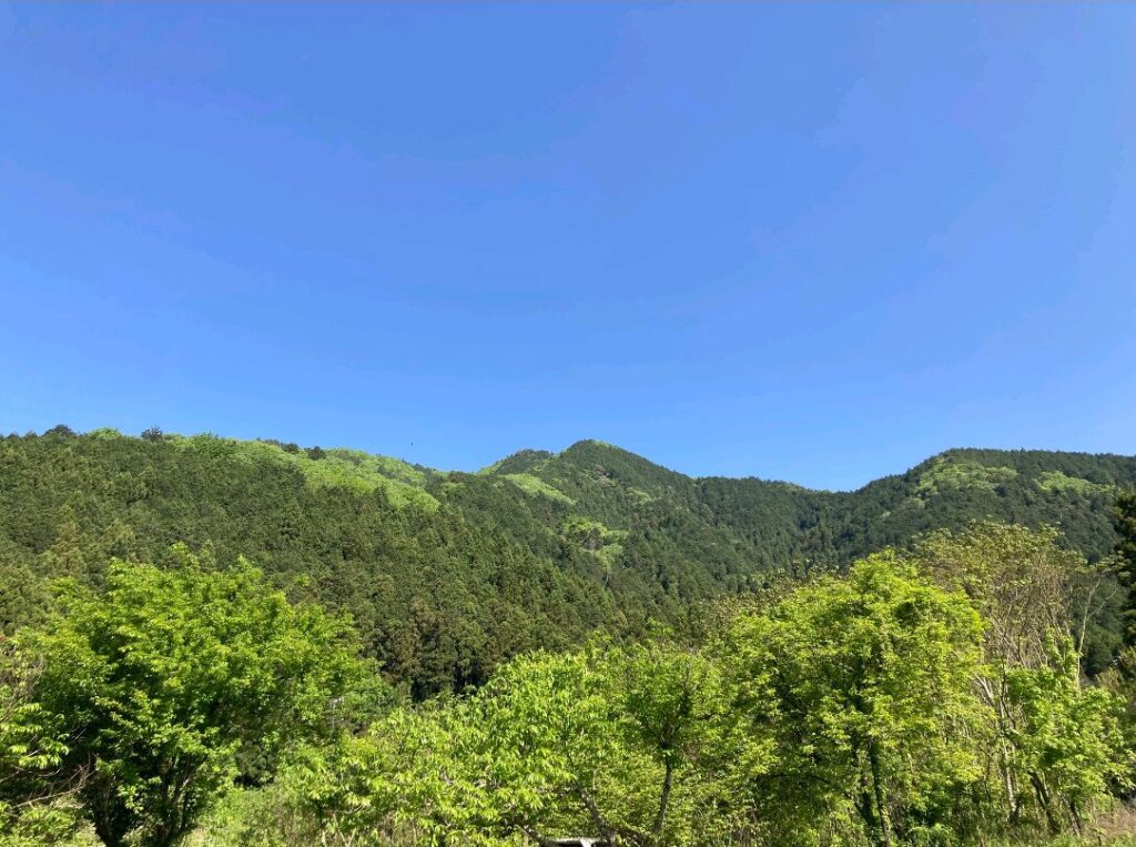 cafeひめゆりの駐車場から見える景色、山県三山の相戸岳とぬけるような青空