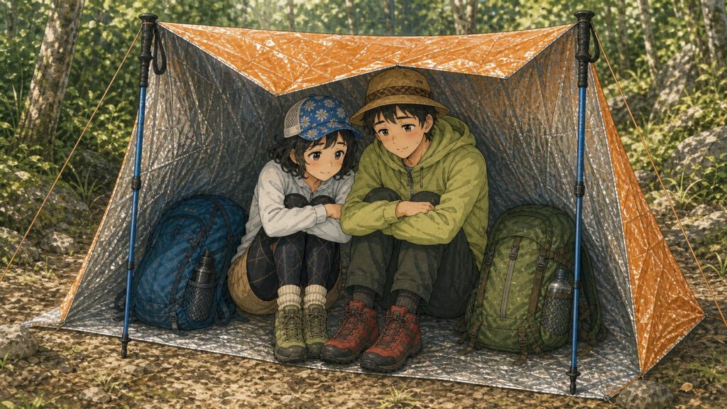 伸ばしたトレッキングポールを柱にして二人が座れる簡易シェルターを作るイラスト
