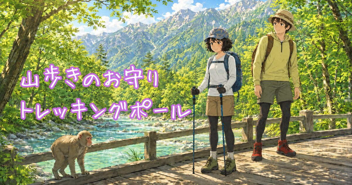 上高地の梓川にかかる木の橋の上で、登山中の男女が野生の猿と距離を保ちながら向き合っている。小柄な女性はトレッキングポールを真下に立て、落ち着いた姿勢で猿を見守っている。隣の男性も自然な姿勢で立ち、明るい夏の山と川、木漏れ日が広がる温かな雰囲気のアニメ調イラスト。