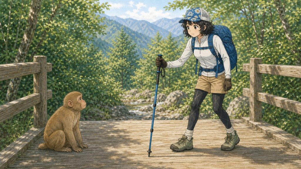 橋の上でトレッキングポールを間に置いて野生の猿との距離を保つ女性登山者のイラスト