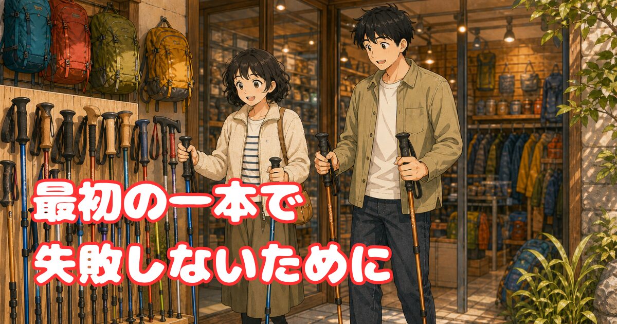 温かい雰囲気のアウトドアショップで、若い男女がトレッキングポールを手に取りながら選んでいる。左側の木製ラックには、色やグリップ形状、長さ調整部分の違う多種類のポールが並び、背後にはリュックや登山用品が陳列されている。