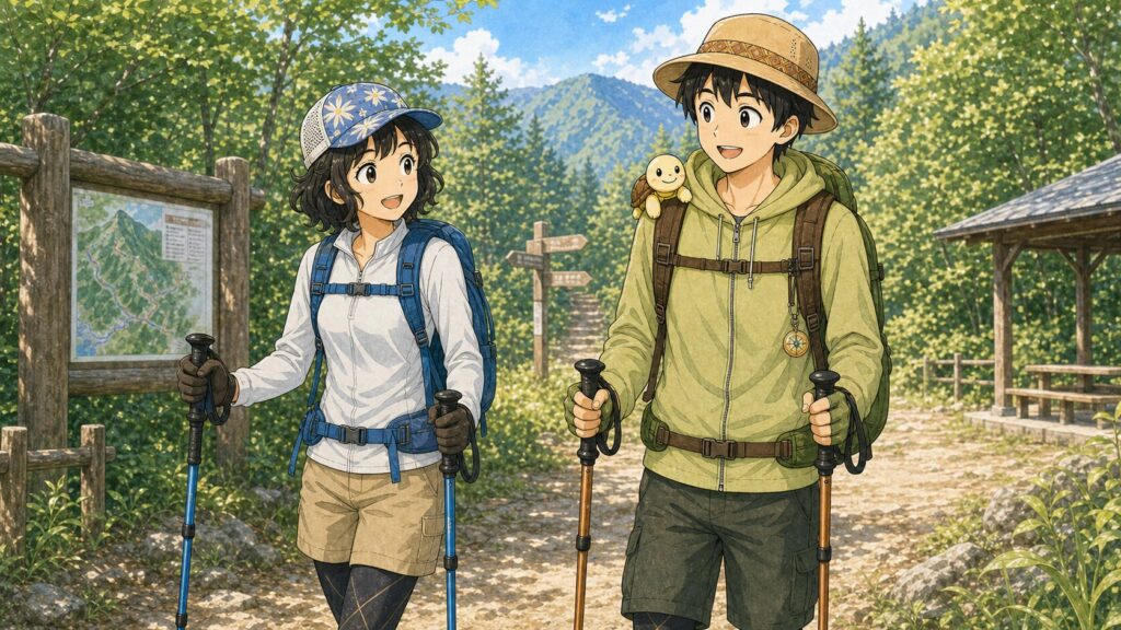 低山でもトレッキングポールのグリップを正しく持って出発する登山夫婦のイラスト