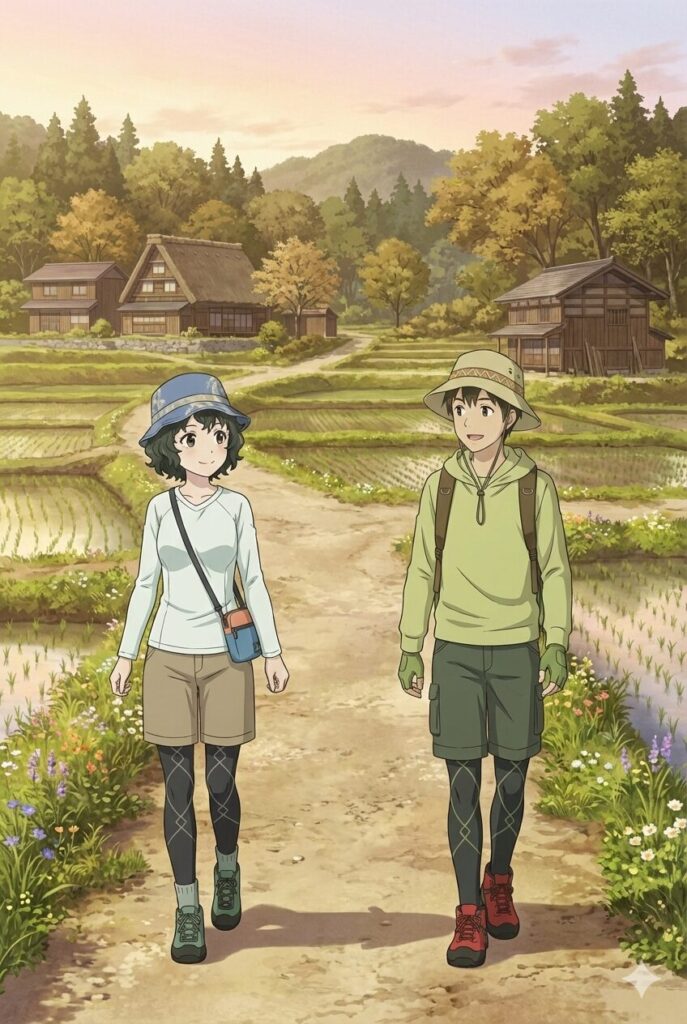 里山でタイツを慣らし履きする夫婦