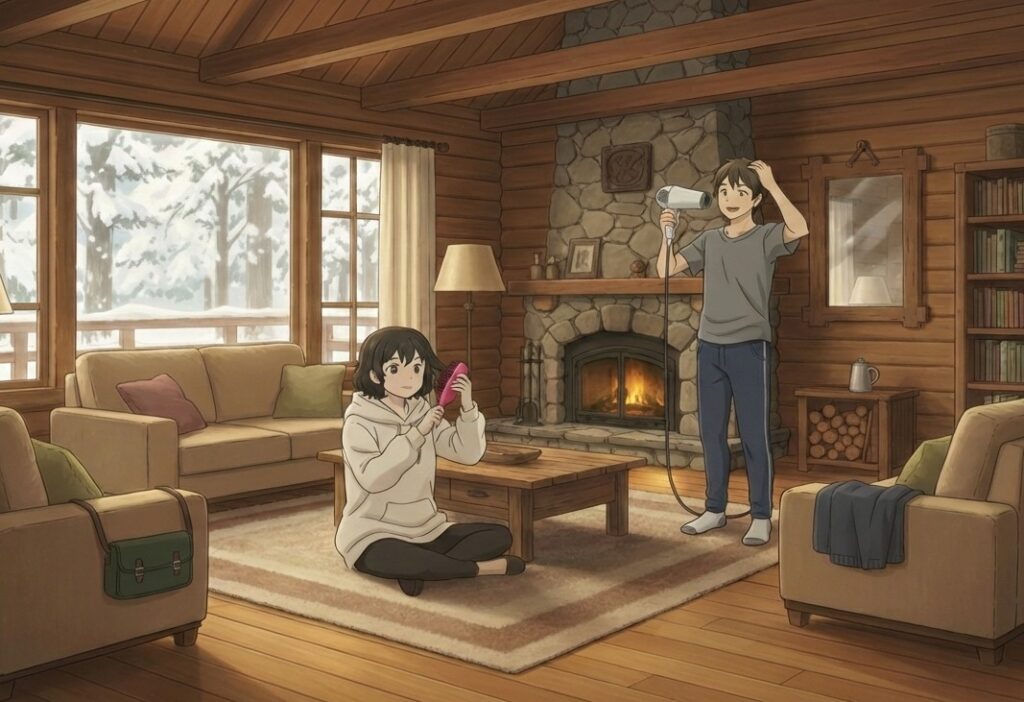 暖炉のある部屋でドライヤーとくしを使う夫婦のイラスト（湯シャン生活のイメージ）