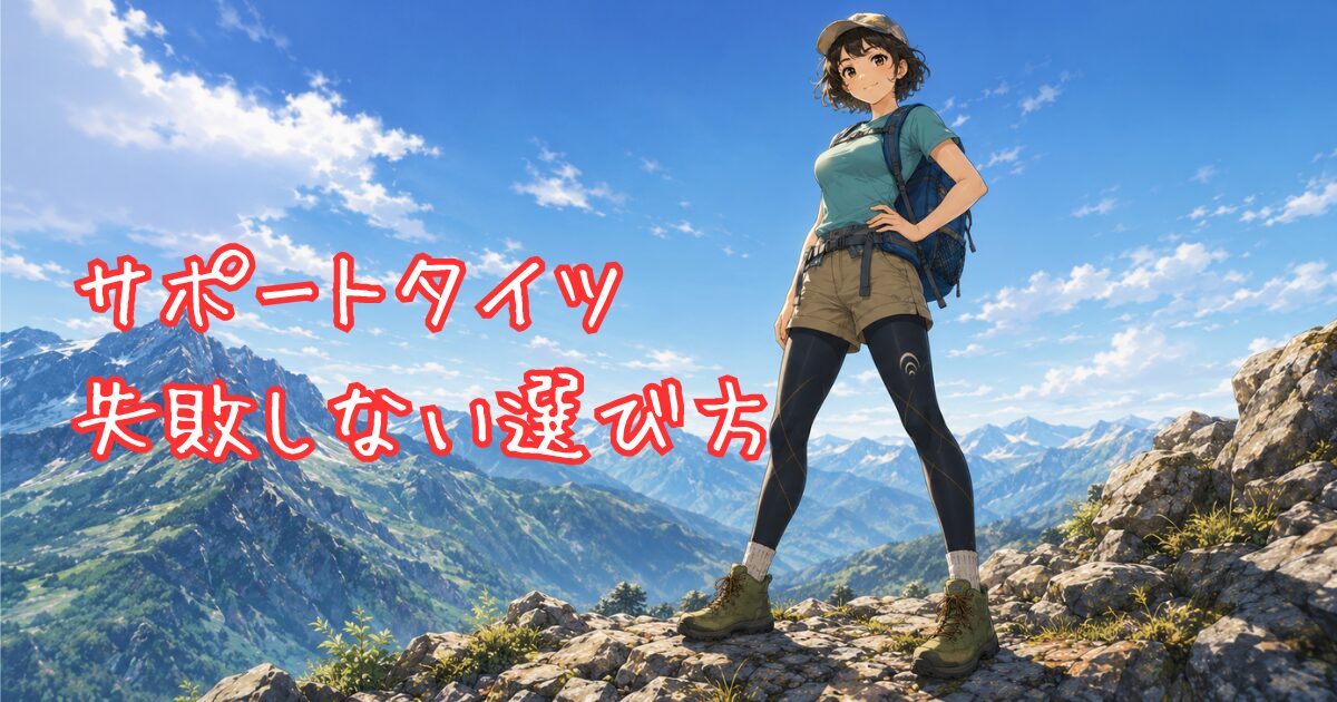 黒いサポートタイツと短パンを着用し、夏山の山頂で景色を背に立つ女性登山者