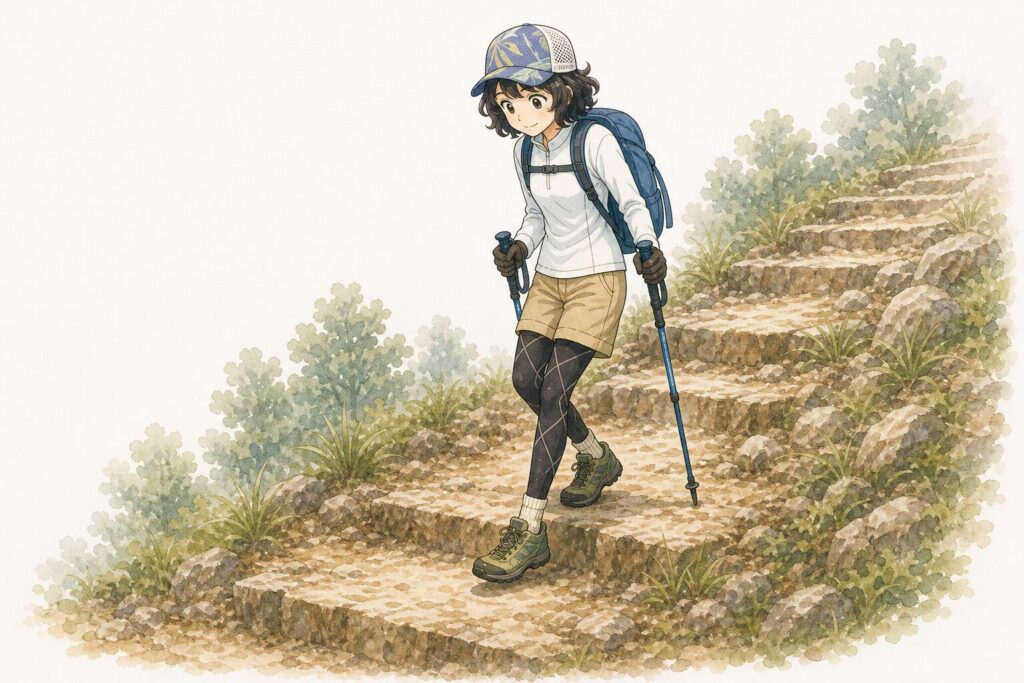 後ろ足側にトレッキングポールをついて前足を一段下ろす女性登山者のイラスト