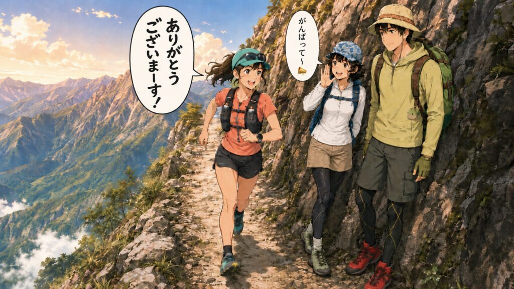 トレランであいさつしながら通り過ぎる女性と、安全に気を付けて避ける夫婦のイラスト