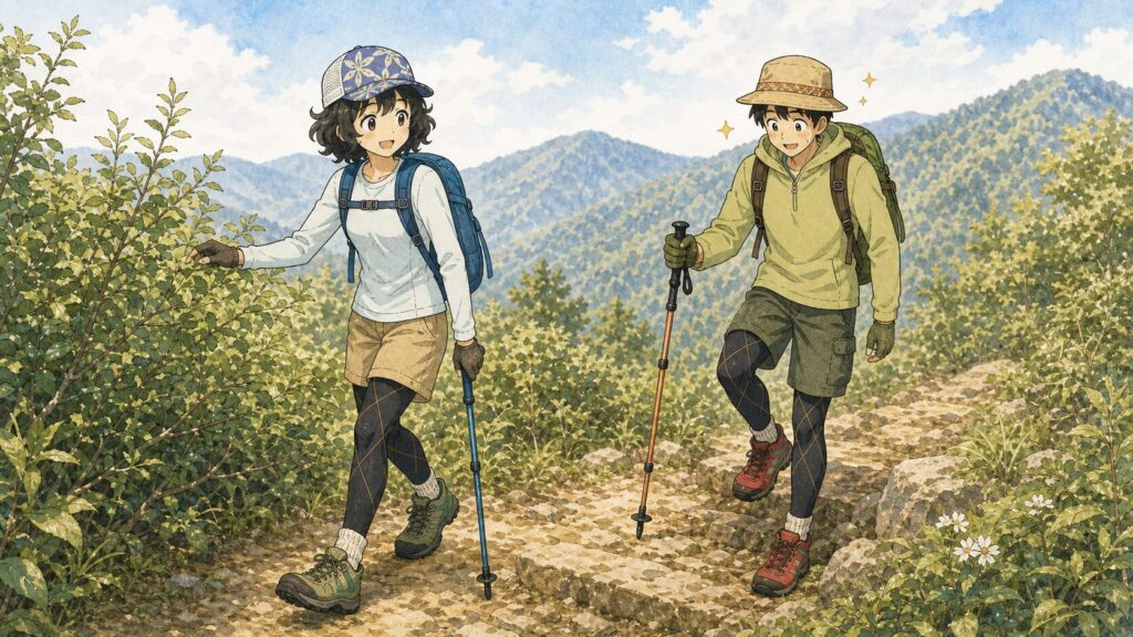 サポートタイツを履いて低山の下りや藪道を歩く登山夫婦のイラスト