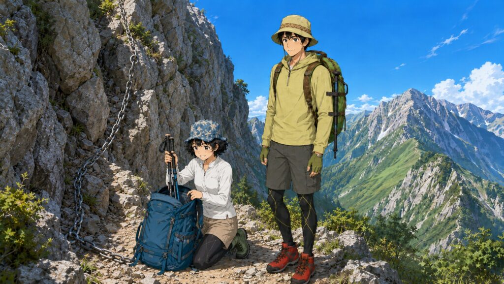 伸縮式はザック横、折り畳み式はザック内にしまえる違いを表したイラスト