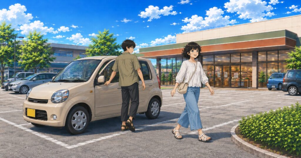 キーンのサンダルを履いて買い物に出かけた夫婦のイラスト