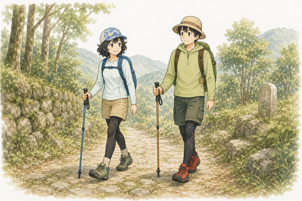 二人で一本ずつトレッキングポールを持って低山の古道を歩くイラスト