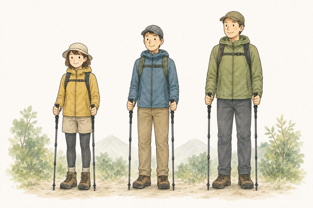 身長別のポールの長さと姿勢のイラスト
