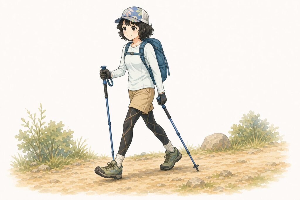 右足を出す時に左のトレッキングポールを前へ出して歩く女性登山者のイラスト