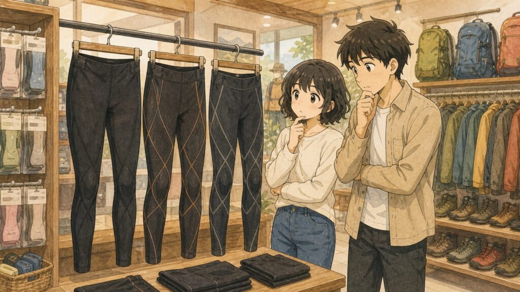 登山用品店で黒いスポーツタイツを見比べて選ぶ夫婦のイラスト