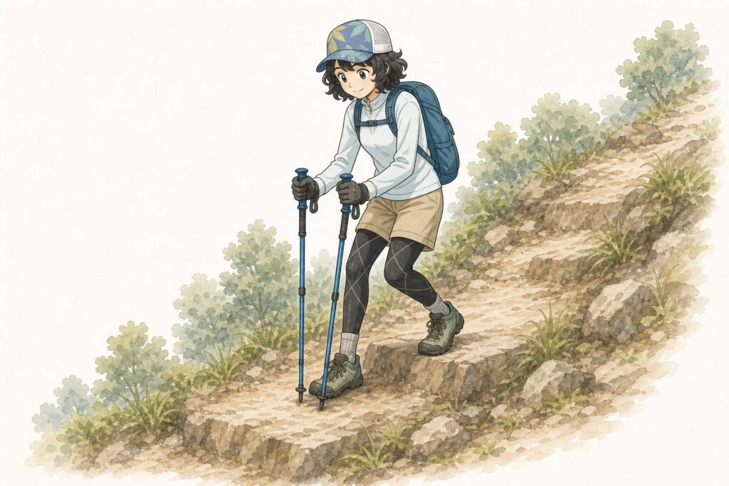 急な下りで両方のトレッキングポールを先に突いてから足を下ろす女性登山者のイラスト