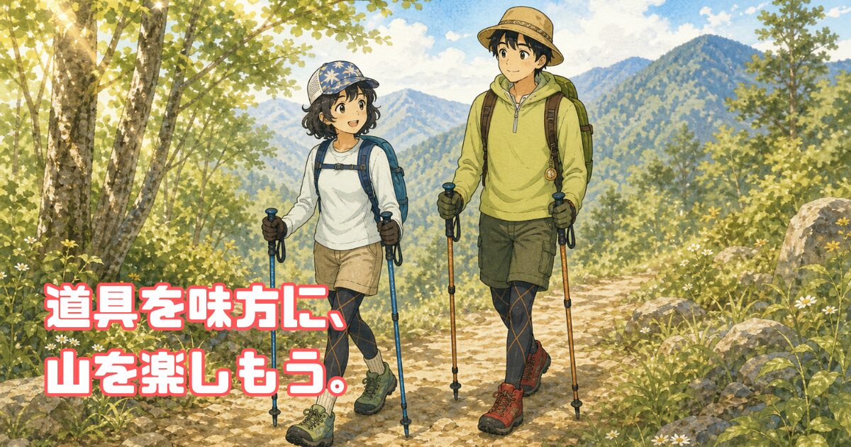 トレッキングポールを持って山道を歩く登山カップルのイラスト。小柄な女性と長身の男性が笑顔で並んで歩いている。