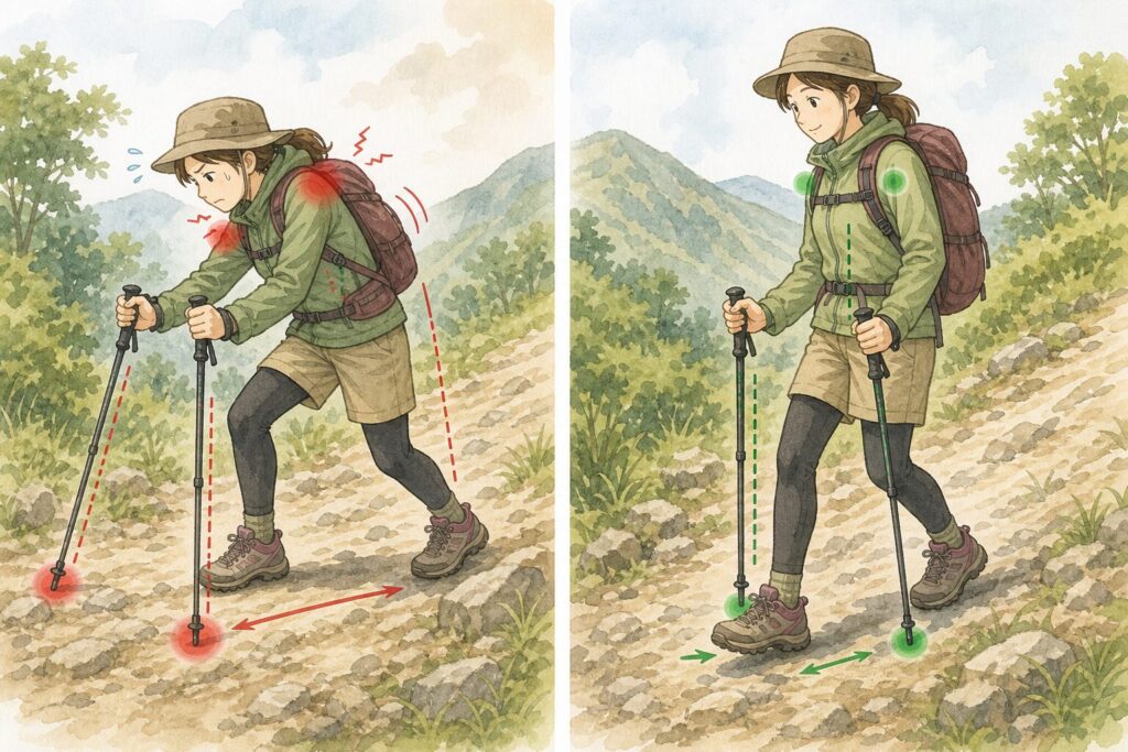 下りはポールをつく位置が身体から遠いと危ないことが判るイラスト