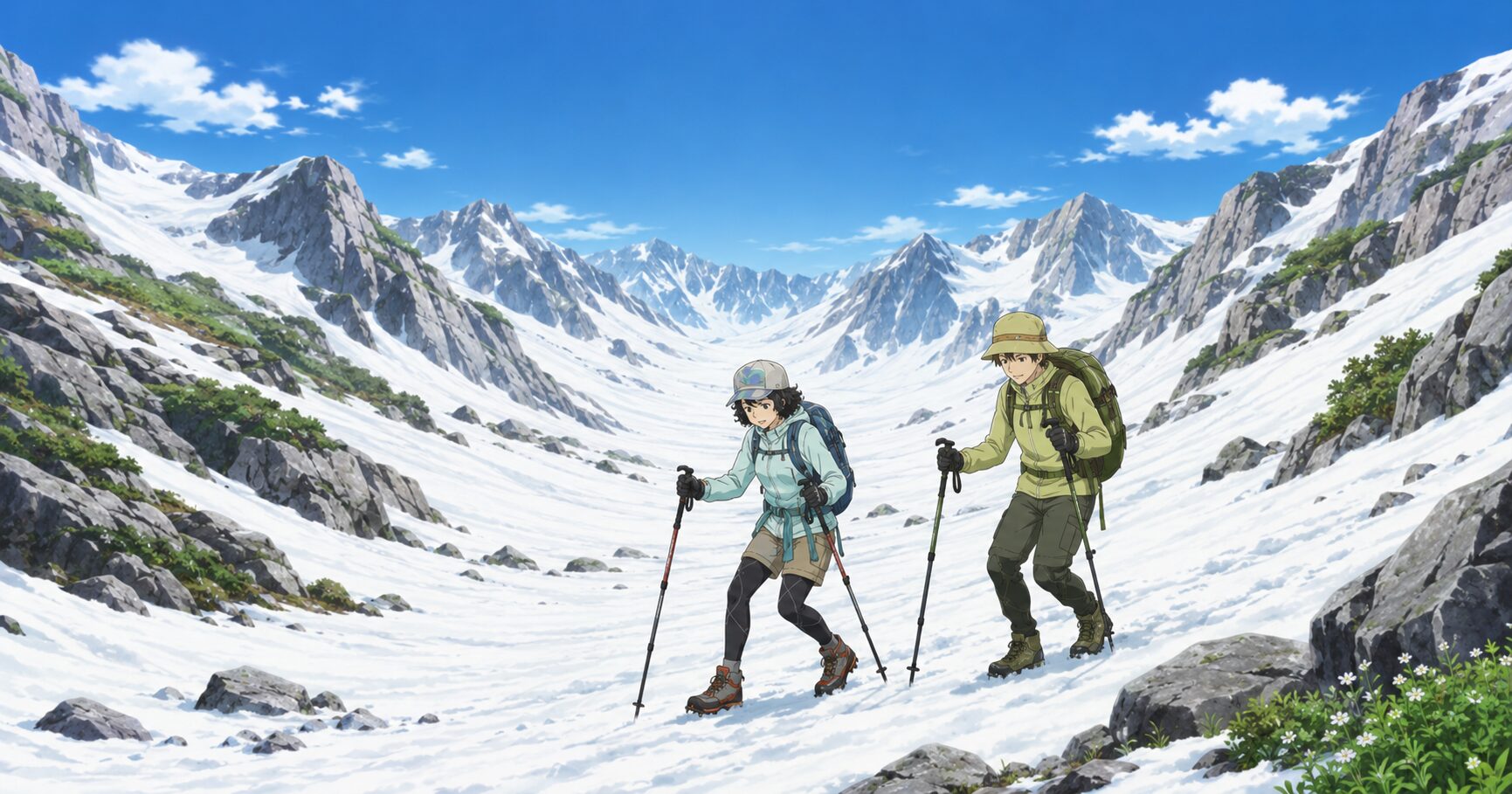 春の雪渓あるき、ポールで慎重に歩く二人組のイラスト