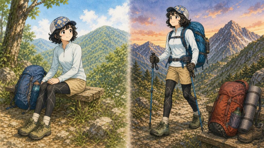 低山登山から長距離登山へステップアップする女性登山者のイラスト