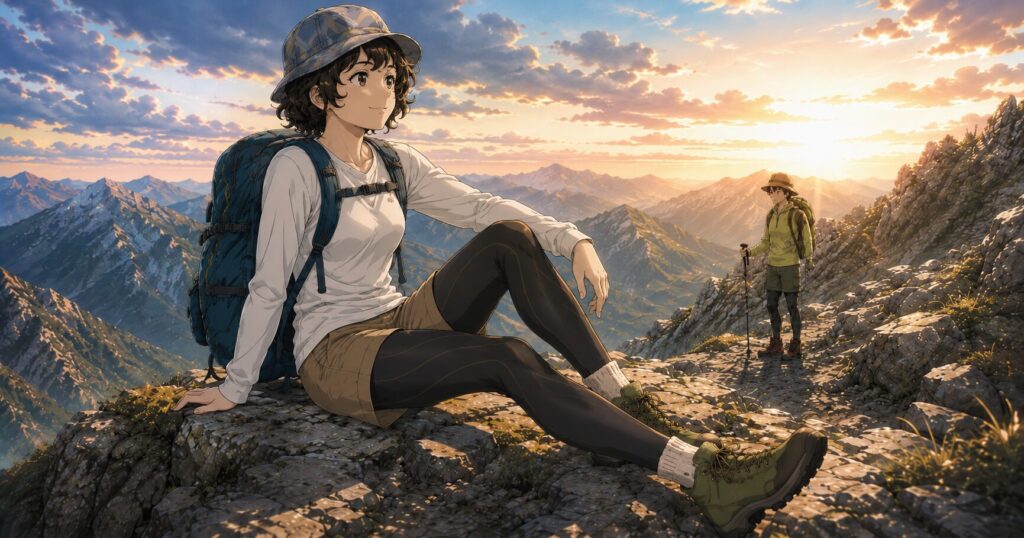 アルプスの朝日を浴びながら休憩する女性。