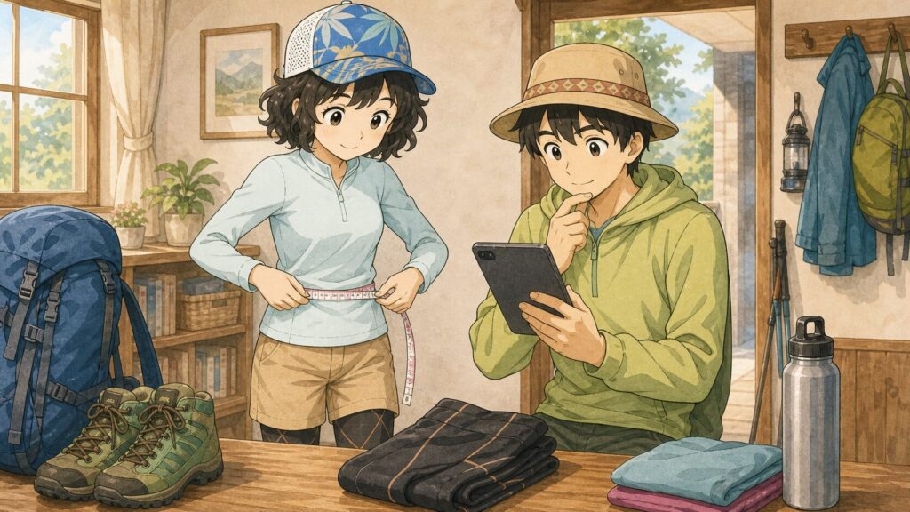 サポートタイツのサイズ選びでウエストやヒップを測る登山夫婦のイラスト