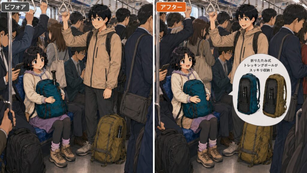 混雑した電車などではポールをザック内にしまえると便利だとわかるイラスト