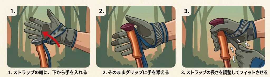 ポールの持ち方を説明したイラスト。