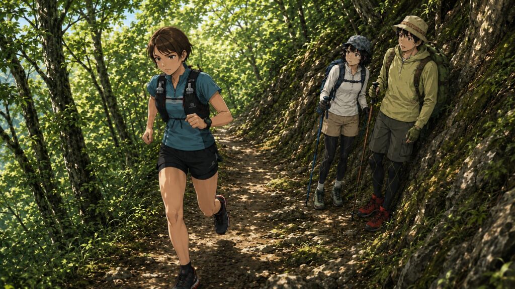 避ける二人の登山者と無言で駆け抜けるトレラン女性のイラスト