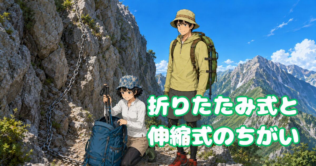 伸縮式はザックのサイドに、折り畳み式はザックの中にしまえる違いを表したイラスト