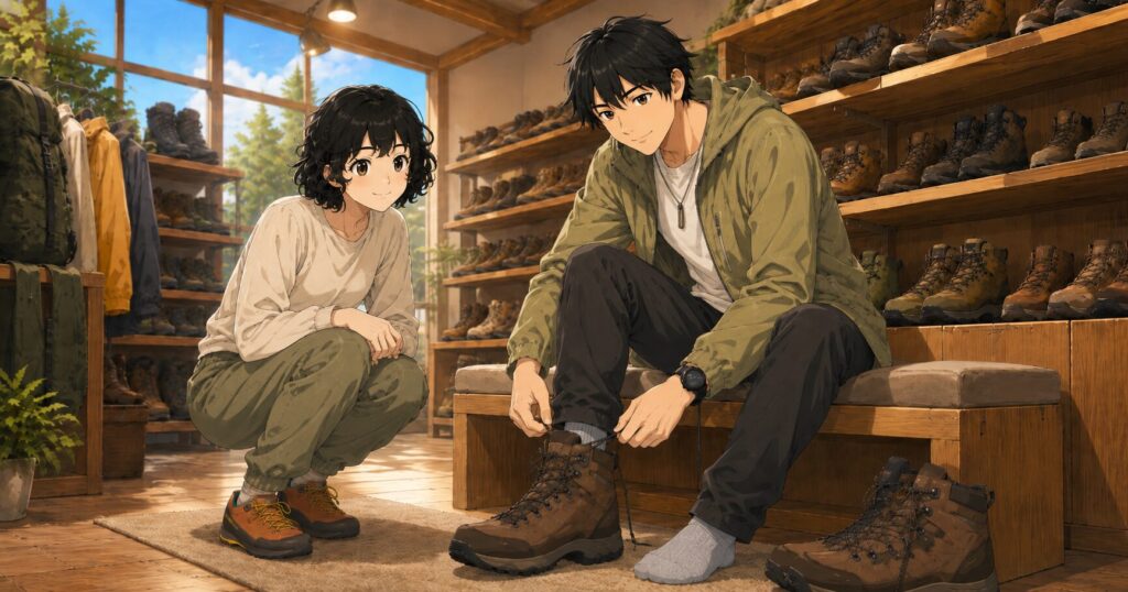 登山靴のフィッティングをしている男女のイラスト