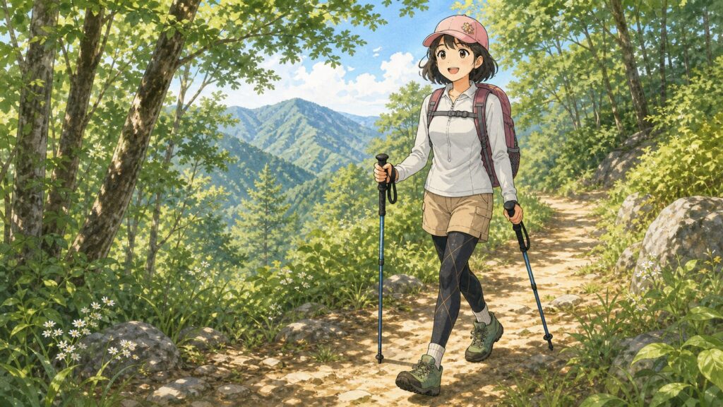 ポールを活用して登山を楽しむ女性