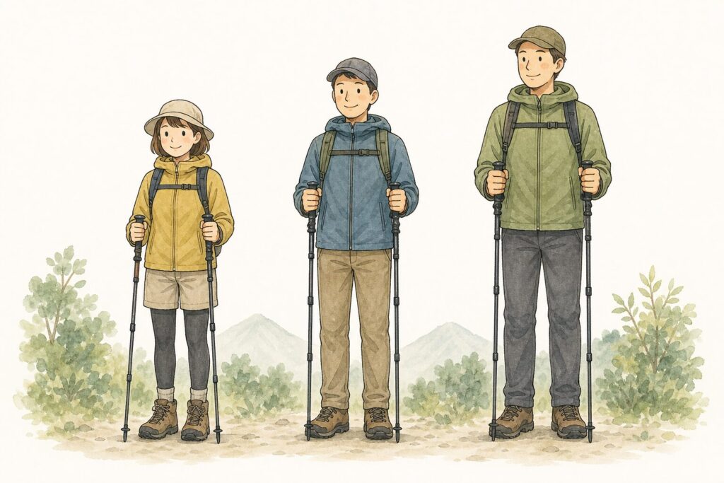 身長によってポールの最適な長さが変わるのがわかるイラスト