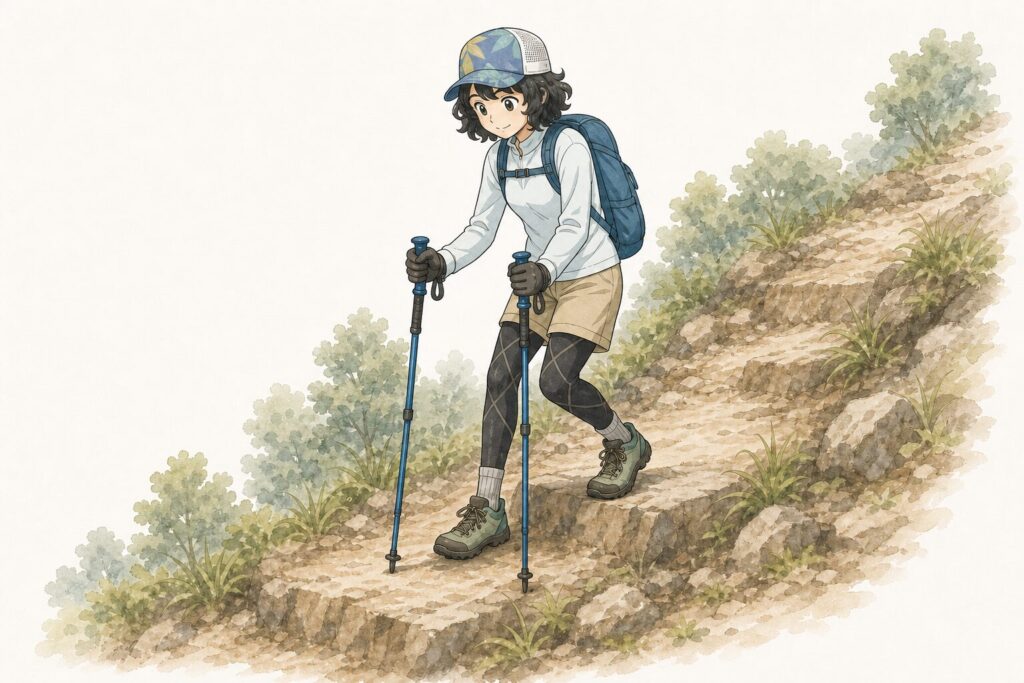 急な下りで両方のトレッキングポールを先に突いてから足を下ろす女性登山者のイラスト