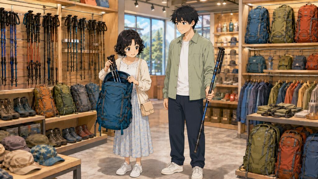 登山用品店で折り畳みポールのコンパクトさを確認している男女のイラスト