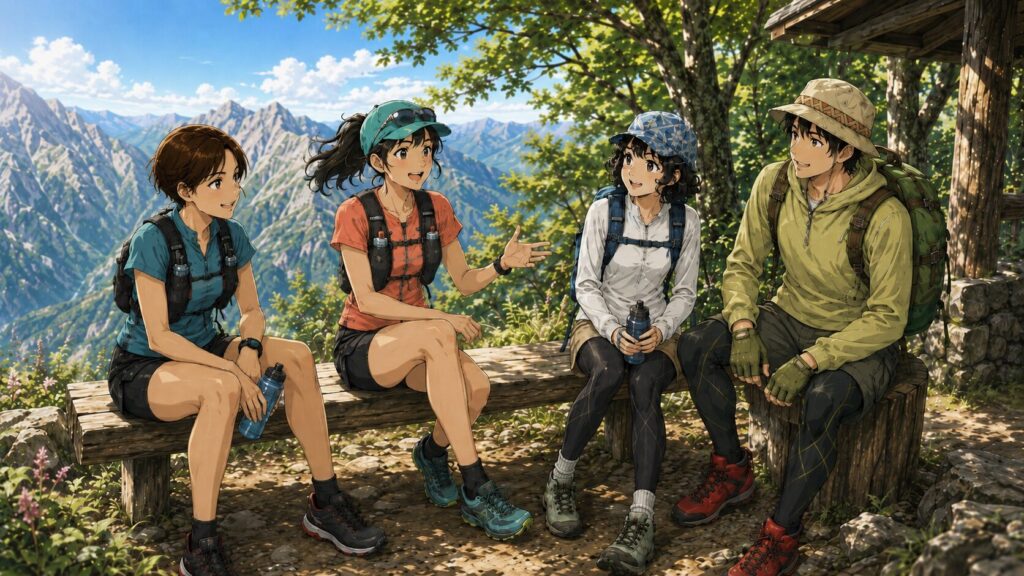 トレラン女子とかめぴとちぃ夫婦がなかよく休憩所でお話ししているイラスト