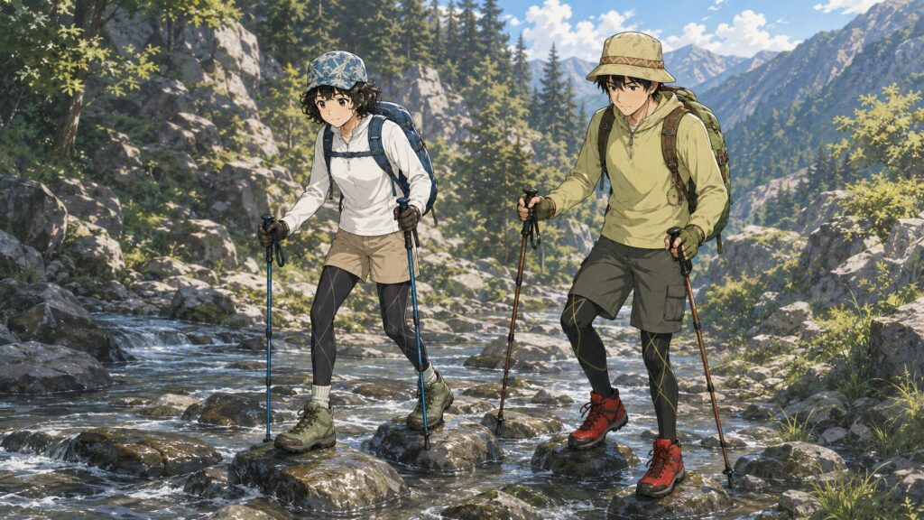 ちょっとした悪路をアプローチシューズで歩く二人