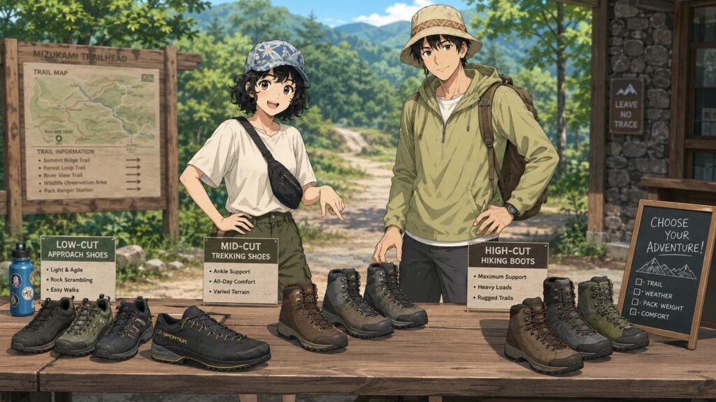 ローカット、ミッドカット、ハイカットの違いを表したイラスト