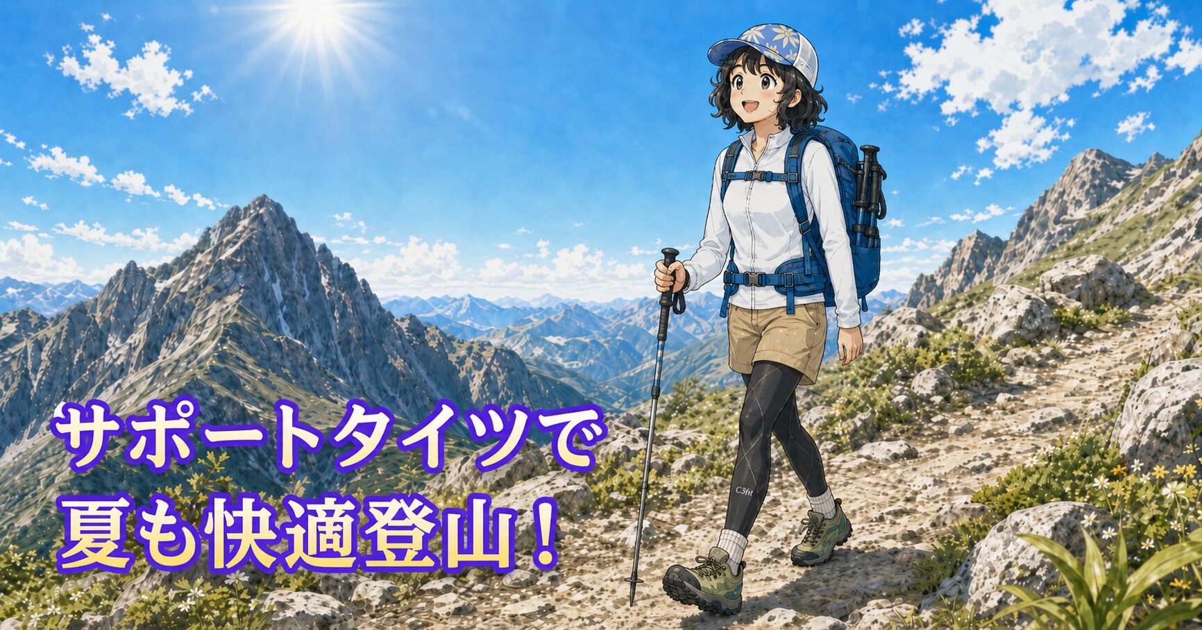 夏山の登山道を、C3fitのサポートタイツ姿の女性ハイカーが気持ちよさそうに歩くアイキャッチ画像。ポールはザックにしまい、青空と岩山を背景に山歩きを楽しんでいる。画像内に「サポートタイツで夏も快適登山！」の文字入り。