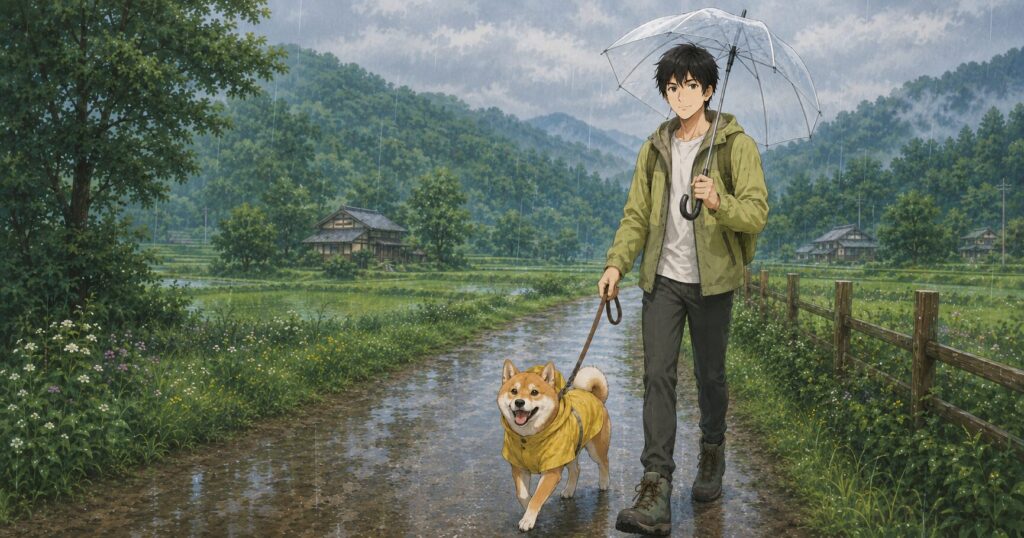 雨の日に長くつじゃなくてトレッキングシューズを履いて歩く男性と柴犬