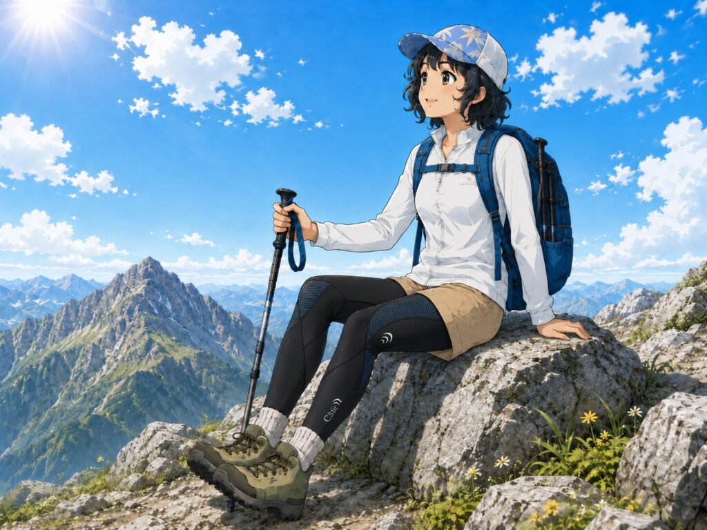 夏山の稜線で休憩し、涼しい風を受けて気持ち良く過ごしている女性のイラスト