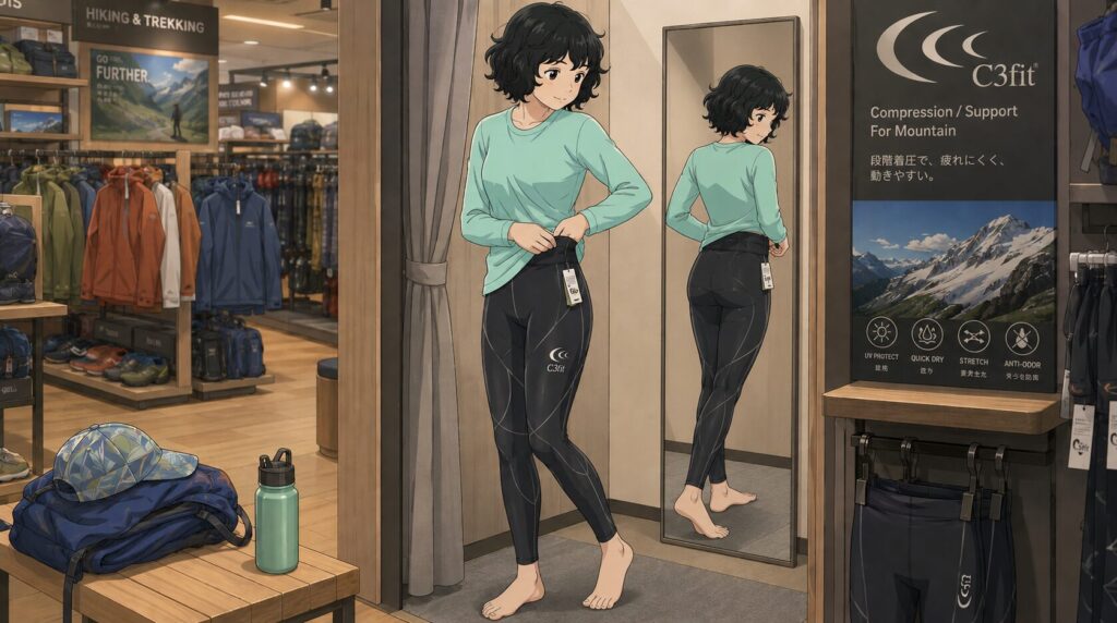 登山用品店でサポートタイツを試し履きさせてもらっている女性のイラスト