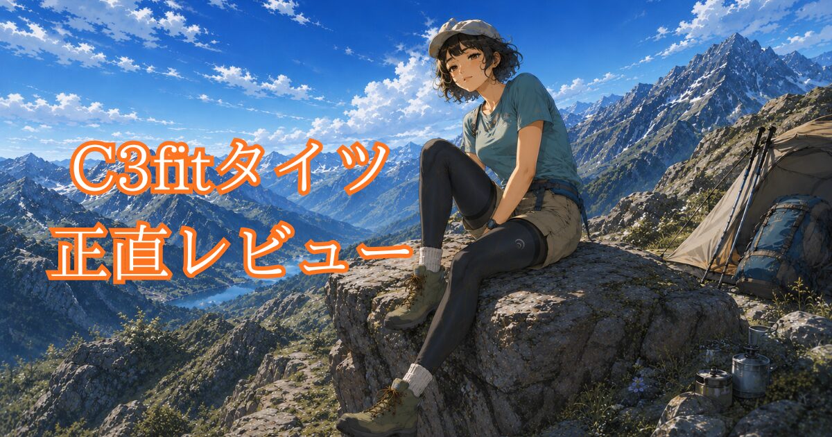 C3fitタイツを履いて登山をして休憩している女性のイラスト