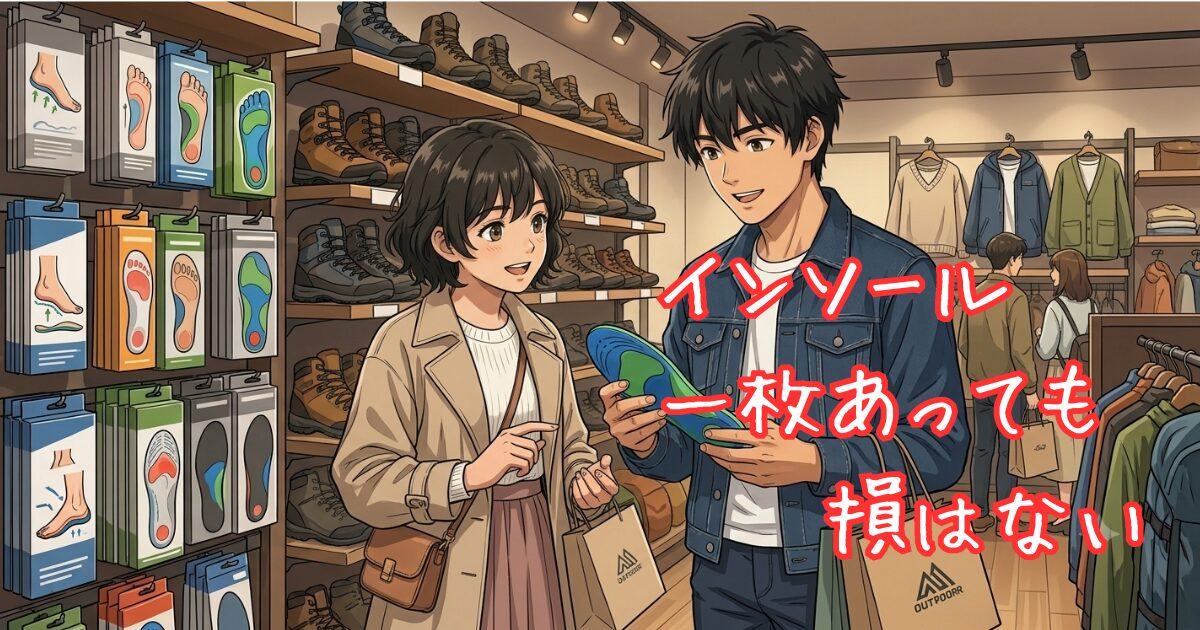 登山用品店でインソールの購入を検討しているカップルのイラスト